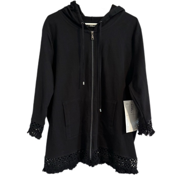 NEW Onque Casuals zip up sweatshirt plus size hood 2X Black fringe oversized NWT - Picture 2 of 11